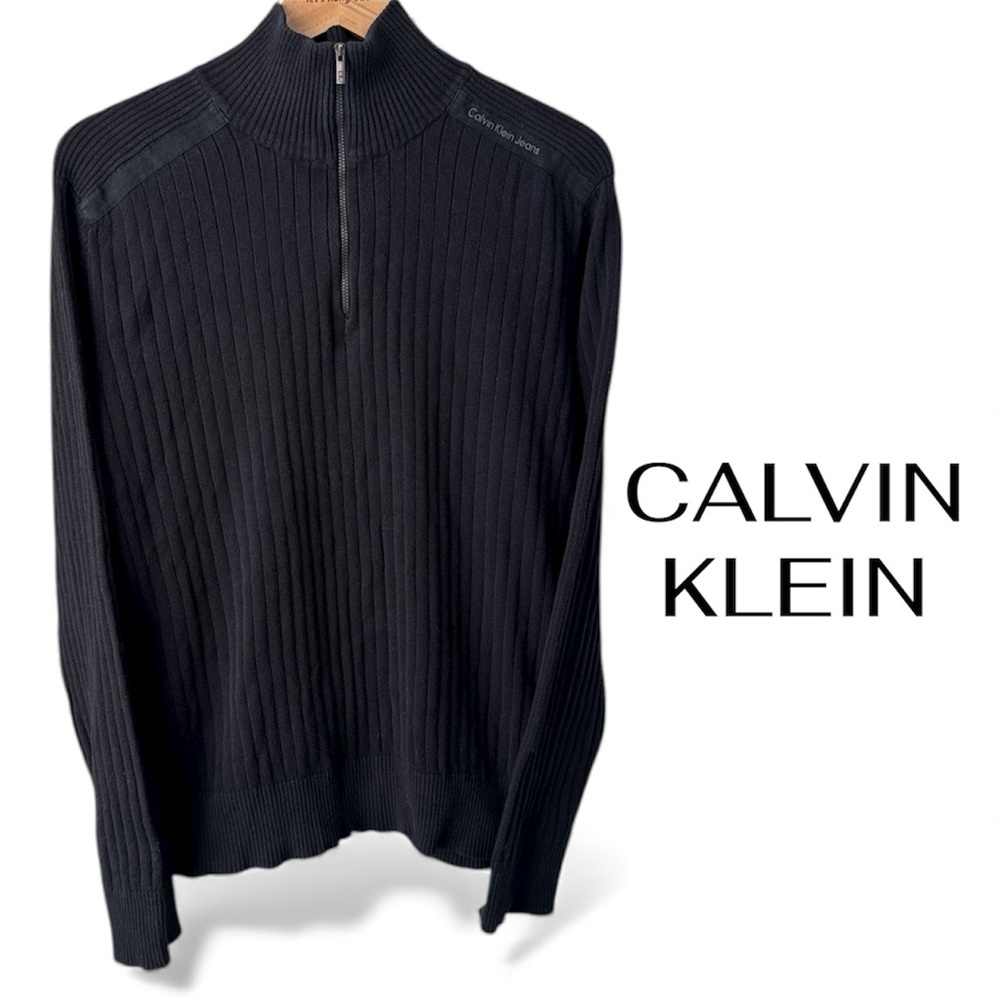 CALVIN KLEIN Knit Black Ribbed Sweater | 1/4 Zip | Large